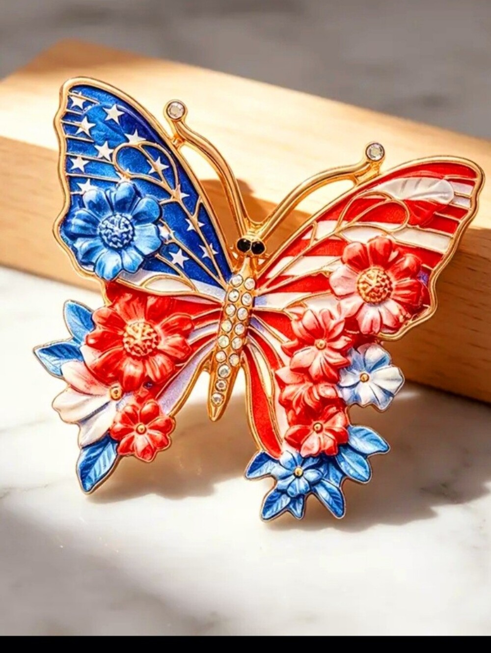 Patriotic Butterfly Brooch Pin - Red, White & Blue Floral Enamel